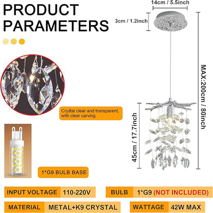 Modern K9 Crystal Tree Branches Chandelier, 8.6in Silver 1 Lights Large Ceiling Hanging Light for Dining Room, Round Tassel Ceiling Hanging