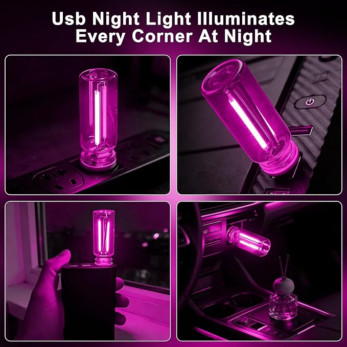 2 Packs USB Light for Car, Touch Dimmable Car Interior Ambient Lights - Portable Mini USB LED Light Bulb, Retro Glass Bottle Night Light for Vehicle, Bedroom, Hallway, Camping(Pink)