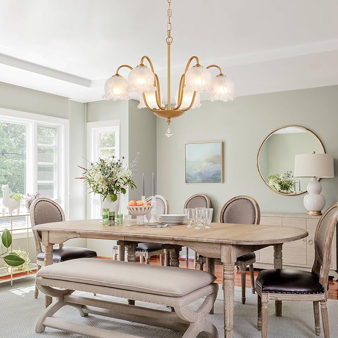 Modern Glass Chandelier Gold Flower Lamp Glass Shades Ceiling Pendant Light Fixture 6 Lights Luxury Large Chandeliers for Dining Room Bedroom Entryway