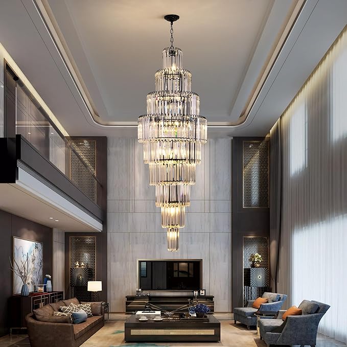 Modern Black Crystal Staircase Chandelier 9-Tier Large Foyer Chandelier for High Ceiling, Long Entryway Chandeliers Adjustable Chain for Entrance Hall Living Room Dia 23.7" x H 69" 20 Lights