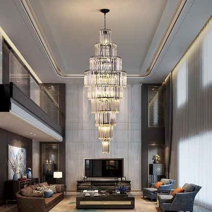 Modern Black Crystal Staircase Chandelier 9-Tier Large Foyer Chandelier for High Ceiling, Long Entryway Chandeliers Adjustable Chain for Entrance Hall Living Room Dia 23.7" x H 69" 20 Lights
