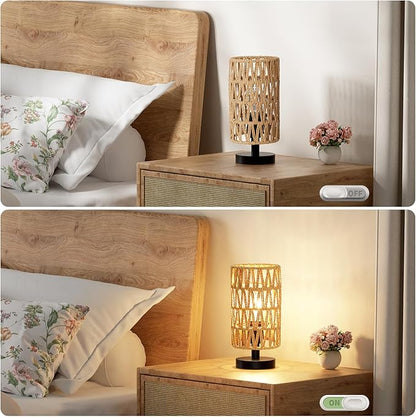 Fenmzee Small Table Lamp for Bedroom - Inline Control, Bedside Lamp with 3000K A15 LED Blub, Easy Assembly（Rattan Rope Shade-Black Base，9" Inline Control）