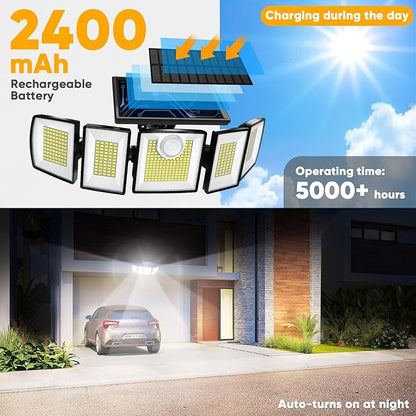 MDCMDCM Outdoor Solar Light Motion Sensor Waterproof - 3000 Lumens 3 Modes 416 LEDs 32ft 2400mAh 5 Heads Security Lights Flood Lights with Remote for Patio Yard Pool Outside （Wireless, 2p）