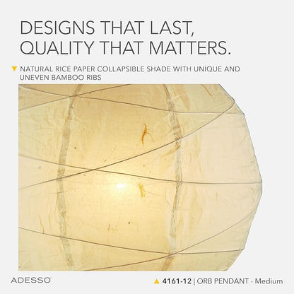 Adesso Orb Medium Pendant with Collapsible Rice Paper Shade – 15ft Cord, 19” Diameter – Stylish Ceiling Lighting