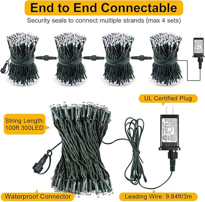 2 Pack Christmas Lights Outdoor, Total 200FT 600 LED String Lights for Outside Waterproof with 8 Modes, Green Wire Twinkle Tree Lights for Indoor Patio Xmas Decorations, 1 Pack Blue & 1 Pack White