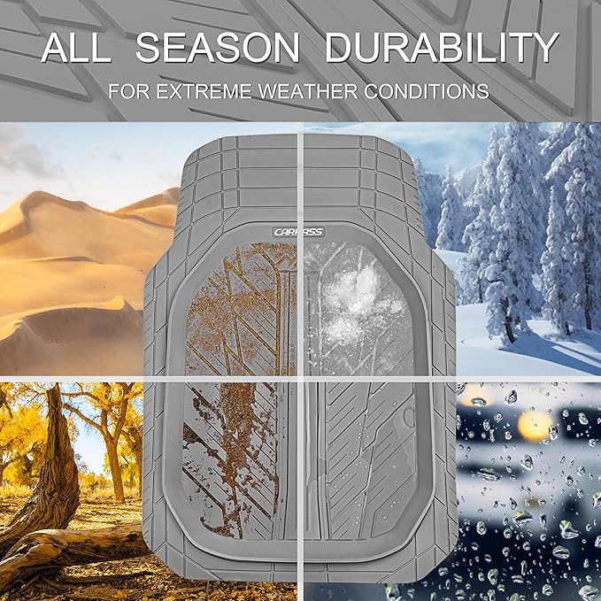CAR PASS Deep Dish Rubber Floor Mats for Cars Full Set,Heavy Duty Car Mats,Universal Waterproof Trim-to Fit Automotive Floor Mats for Truck Van SUV, Durable All-Weather Car Mats 3-Piece (Light Gray)