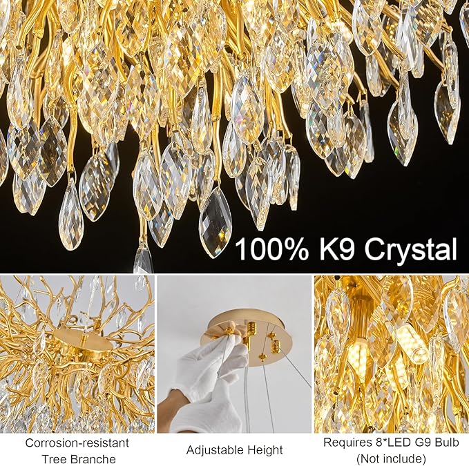 Crystal Chandelier for Dining Room, 24" Modern Living Room Light Fixture, Gold Tree Branch Chandeliers with 8-Light, Round Chandelier for Dining Table, Bedroom, Entryway, Bathroom, Foyer