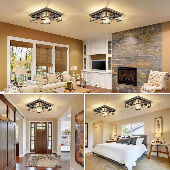 Farmhouse Ceiling Light Fixture - Industrial Square Modern Black Flush Mount Ceiling Light for Kitchen, Hallway, Bedroom, Balcony, Porch, Stairway, E26 (1 Pack - Black Gold, 12 Inch)