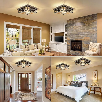 Farmhouse Ceiling Light Fixture - Industrial Square Modern Black Flush Mount Ceiling Light for Kitchen, Hallway, Bedroom, Balcony, Porch, Stairway, E26 (1 Pack - Black Gold, 12 Inch)