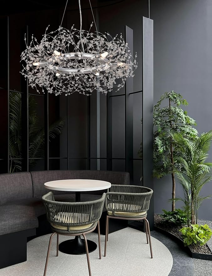 Macarena Modern Crystal Chandelier Dining Room Light Fixtures Silver Firework,Chrome Large Round Pendant Hanging Lighting for Bedroom Living Room Entryway Closet Bathroom Kitchen