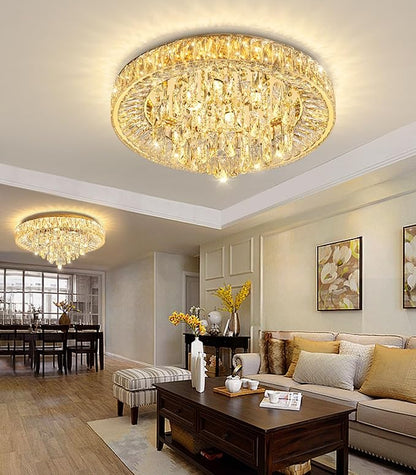 23.6" Modern Crystal Chandeliers LED Dimmable Flush Mount Ceiling Chandeliers for Living Room Entrance Foyer Bedroom Gold