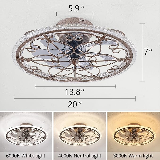 Rustic Caged Ceiling Fan with Lights Remote Control, Retro Industrial Ceiling Fan with Light for Kitchen Bedroom Living Room