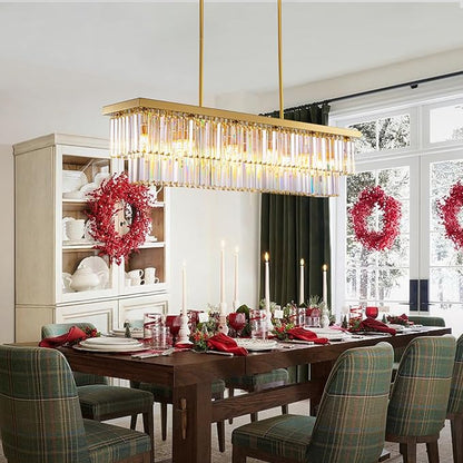 Siljoy Rectangular Gold Crystal Chandelier for Dining Room, 12-Light Modern Rectangle K9 Crystal Raindrop Chandelier Dimmable Ceiling Light for Living Room Kitchen Island, L47'' x W10'' x H10''