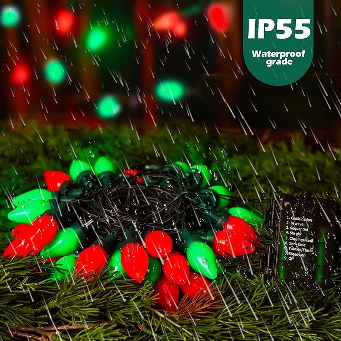 RECESKY C7 Bulbs Christmas String Lights with Remote - 50 LED 26ft Battery String Lights - Fairy Christmas Lighting for Patio Decor Eave Roofline Holiday Festival Christmas Eve Decorations - Red Green