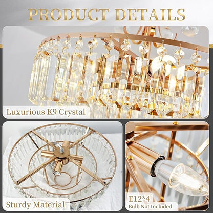 4 -Lights Crystal Chandelier,20'' Gold Crystal Chandeliers,4 Tier Semi Flush Mount Chandelier Modern Luxury Gold Flush Mount for Living Room Dining Bedroom Kitchen E12 Base