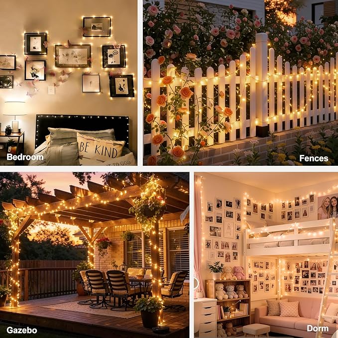 suddus Flexible Copper String Lights, Fairy Lights Warm White, 2Pack Total 132ft 400 LED Battery Operated/USB Twinkle Lights for Bedroom, Dorm Decor