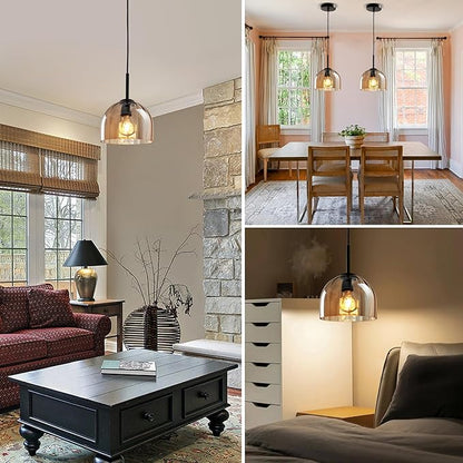 Modern Amber Glass Pendant Lights, Nordic Boho Dome Chandelier, 7.86" Bell Lamp Shape Hanging Ceiling Lighting Fixtures Kitchen Island Dining Room Table, Vintage Lampshade