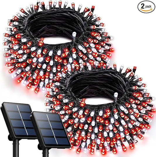 OZS 2PK 240LED Solar String Lights Outdoor Waterproof | Solar Christmas Tree Lights with 8 Lighting Modes Solar Light Outdoor for Xmas Party Garden Tree Christmas Decorations (Red&Cool White)