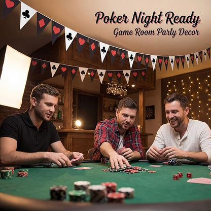 HESTYA 5 Pcs 49 Ft Casino Party Decorations Pennant Banner, Vegas Triangle Flags Garland, Poker Night Bunting with Playing Card Suits, Pre-Strung Paper for Birthday, Casino Night, Blackjack Decor