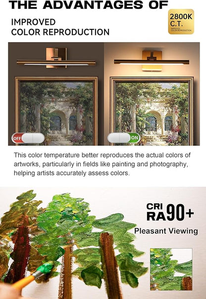 Picture Light for Wall 15.7 inch Hardwired Art Lighting for Paintings Gold Brass 2800K Dimmable Gallery Light with Rotatable Light Tube