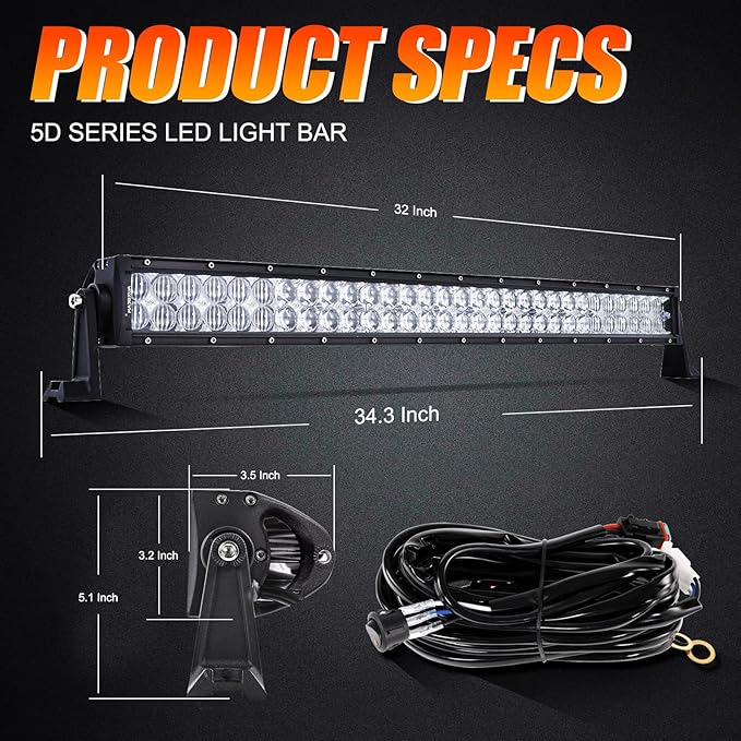 Auxbeam 32" LED Light Bar 180W Off Road Driving Lights LED Work Light Spot Flood Fog Lamp 5D Lens with Wiring Harness for Car, Truck, Offroad Vehicle, ATV, UTV, Pickup