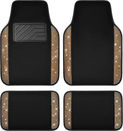 CAR PASS Bling Diamond Car Floor Mats, Shining Rhinestone Carpet Sparkly Glitter Crystal with Anti-Slip PVC Heel Pad Waterproof Universal Fit Automotive SUV,Sedan,Van,Cute Girl Women,4pcs Golden