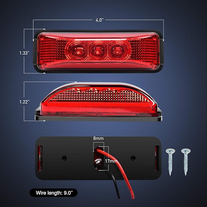 Nilight - TL-32 2PCS 3.9Inch 3 LED Truck Trailer Red Light Front Rear LED Side Marker Lights Clearance Indicator Lamp Rock Light Waterproof Sealed Surface Mounted