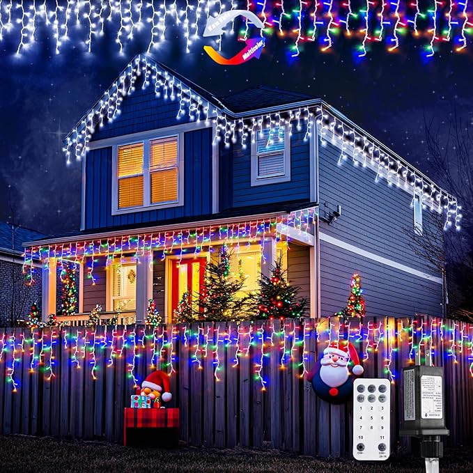 JMEXSUSS Color Changing Lights Outdoor Waterproof, 11 Modes 400 LED Christmas Icicle Lights with 40 Drops, White to Multicolor Icicle Light for Indoor Christmas Eaves Party Decorations