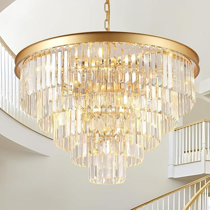 A AXILIXI Large Crystal Chandeliers 30’’ Modern Gold Round Chandeliers for High Ceiling K9 5-Tier Large Ceiling Chandelier Light Fixtures Luxury Chandelier for Staircase Foyer Living Room