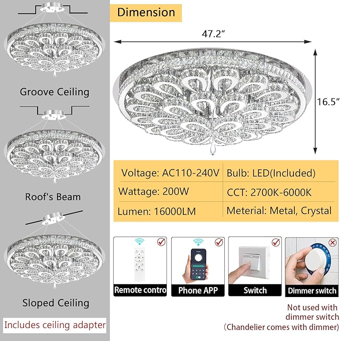 47'' Modern Crystal Chandeliers for Living Room Large Chandelier Ceiling Light Fixture LED Dimmable with Remote Flush Mount Lighting for Dining Room Bedroom Silver
