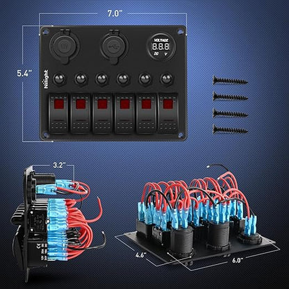 Nilight 6 Gang Rocker Switch Panel Waterproof Pre-Wired Aluminum Panels with PD Type C and USB Cigarette Lighter Socket Voltmeter 12V 24V ON Off Switches for Car Trucks Boats RVs Red