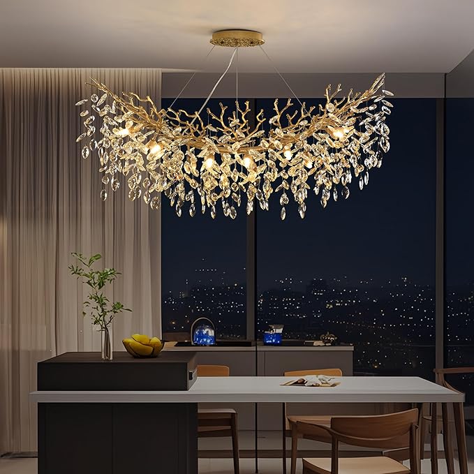 Rectangle Crystal Tree Branch Chandelier, L40'' Modern Luxury Gold Linear Art Deco Raindrop Pendant Lighting Fixture for Kitchen Island Foyer Living Room Dining Room 10 Lights