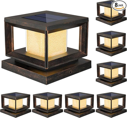 Mlambert 8 Pack Solar Post Lights Outdoor, Waterproof Fence Cap Lights for Deck, 4x4 6x6 Wooden Vinyl Outdoor Light with Shinning Effect, Brown