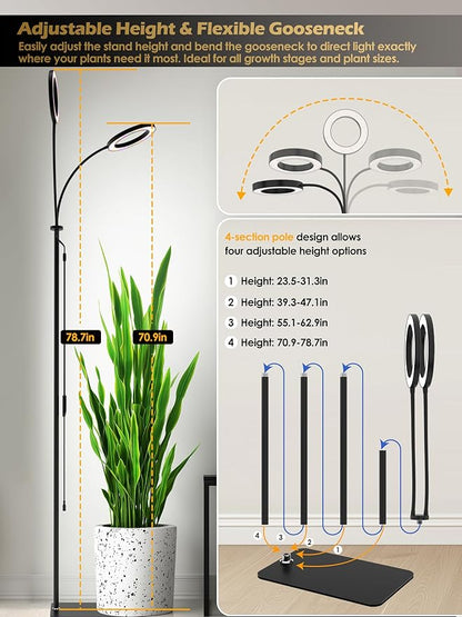 GLOWRIUM Grow Lights for Indoor Plants, Full Spectrum LED Grow Light, Stepless Dimming,3 Lighting Mode and Adjustable Height, Plant Light with 3/9/12/16H Timer (Black, Dual Heads)