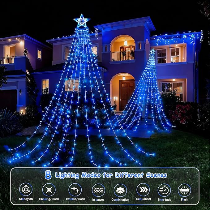 Star String Lights, 350 LED Tree Waterfall Fairy Lights, Outdoor Waterproof Christmas Decoration Lights with Remote, 16FT X 9 Hanging LED Lamp for Garden Yard Wedding Birthday Festival, Ocean Blue