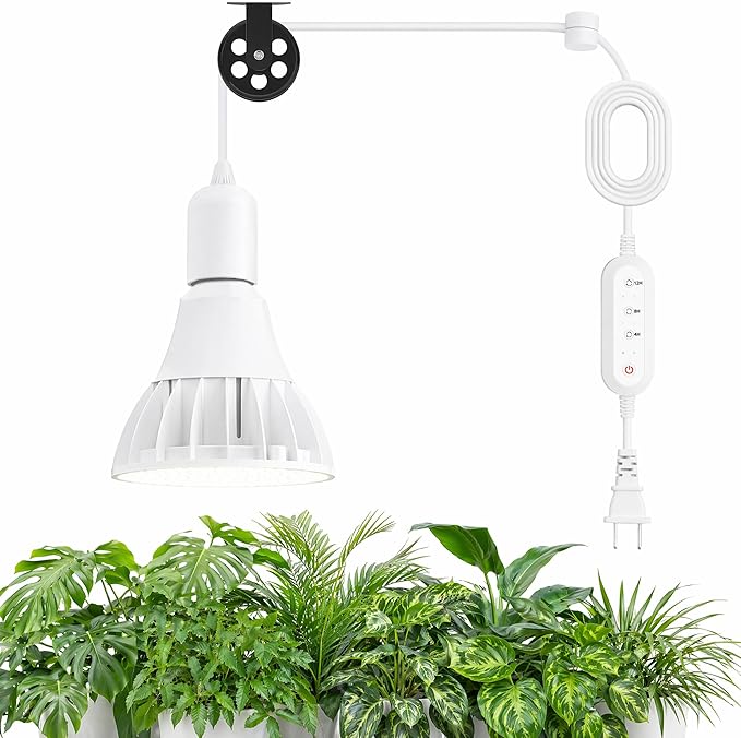RDJ Bouns Hanging Grow Lights for Indoor Plants, 26W Full Spectrum 4H/8H/12H Timer Switch, 16.4FT Power Cord, Plug in Pendant Grow Light with Adjustable Pulley for Plants, Gifts for Gardening Lovers