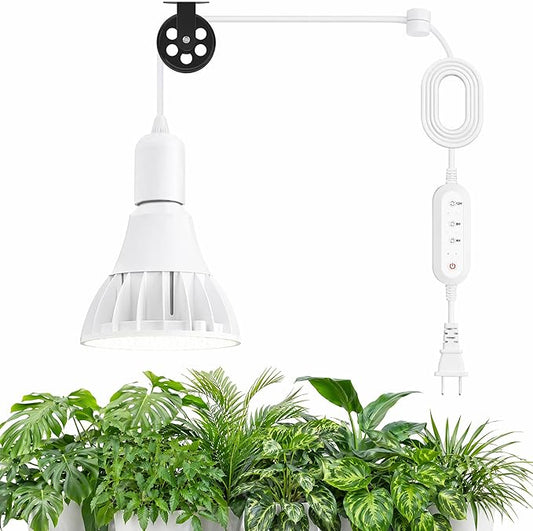 RDJ Bouns Hanging Grow Lights for Indoor Plants, 26W Full Spectrum 4H/8H/12H Timer Switch, 16.4FT Power Cord, Plug in Pendant Grow Light with Adjustable Pulley for Plants, Gifts for Gardening Lovers