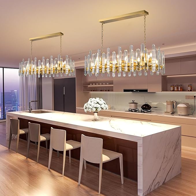 54" Rectangular Chandelier, 24-Light Gold Modern Crystal Chandelier for Dining Room, Kitchen Island, Living Room, Luxury K9 Crystal Adjustable Chain Chandelier Light Fixture