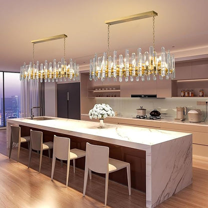 54" Rectangular Chandelier, 24-Light Gold Modern Crystal Chandelier for Dining Room, Kitchen Island, Living Room, Luxury K9 Crystal Adjustable Chain Chandelier Light Fixture