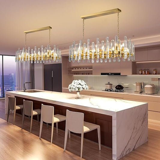 54" Rectangular Chandelier, 24-Light Gold Modern Crystal Chandelier for Dining Room, Kitchen Island, Living Room, Luxury K9 Crystal Adjustable Chain Chandelier Light Fixture
