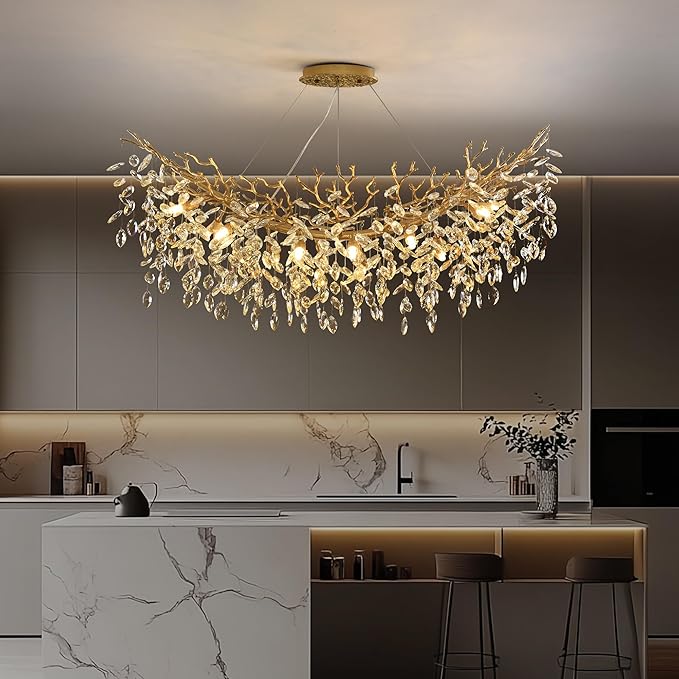 Rectangle Crystal Tree Branch Chandelier, L47.3'' Modern Luxury Gold Linear Art Deco Raindrop Pendant Lighting Fixture for Kitchen Island Foyer Living Room Dining Room 12 Lights