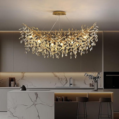 Rectangle Crystal Tree Branch Chandelier, L47.3'' Modern Luxury Gold Linear Art Deco Raindrop Pendant Lighting Fixture for Kitchen Island Foyer Living Room Dining Room 12 Lights