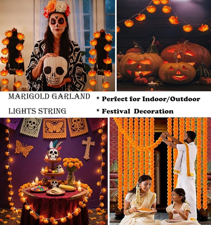 Marigold Garland Lights String for Day of The Dead Decorations 10ft 20 Led Artificial Marigold Flowers Light String Dia De Los Muertos Decoration Diwali Indian Wedding Party Halloween Decor