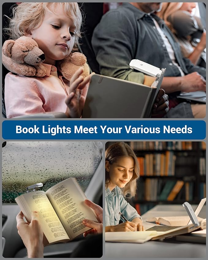 DEWENWILS USB Rechargeable Book Reading Light, 3000K Warm White, Brightness Adjustable Clip on LED Bookmark Lamp at Night in Bed, Portable Booklight for Bookworms, Kids