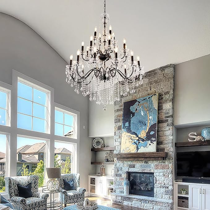 Wellmet Black Chandelier Light Fixture, Luxury Maria Theresa Crystal Chandeliers for High Ceiling Foyer, 24 Lights Hanging Pendant Light for Living Room EntryWay Hall Staircase Large 35.66" (Black)