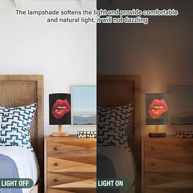 Sexy Biting Lips Woman Red Lip on Black Table Lamp with Wood Base Fabric Lamp Shade Bedside Nightstand Desk Lamp for Living Room Bedroom Kids Room Office