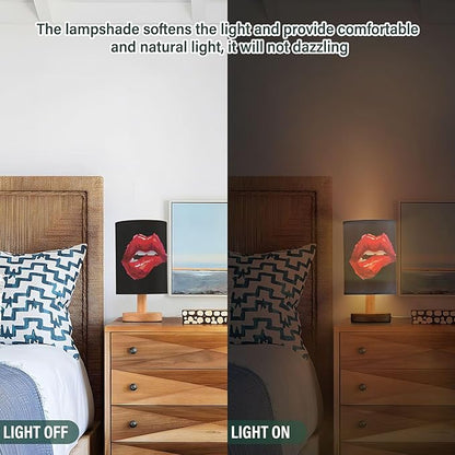 Sexy Biting Lips Woman Red Lip on Black Table Lamp with Wood Base Fabric Lamp Shade Bedside Nightstand Desk Lamp for Living Room Bedroom Kids Room Office