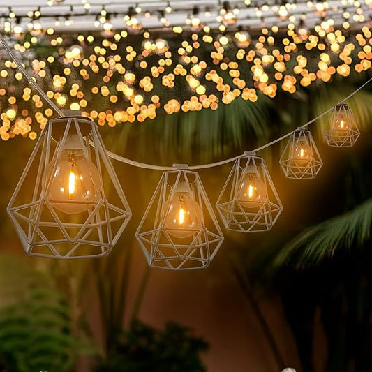 JONATHAN Y 10' White LED String Lights, 10-Light Indoor/Outdoor Set for Patio Deck, Modern Iron Diamond Cage Shade, Weather-Resistant, Connectable, UL Listed (JYL8705B)