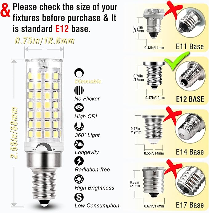 ALIDE E12 C7 Dimmable Led Candelabra Bulbs Kx 2000 60 Watt Replacement, 6000k Daylight White T6 110V 120V Small Base E12 LED Bulbs 6W for Ceiling Fan Salt Lamp Chandelier Lighting,600lm,8Pack