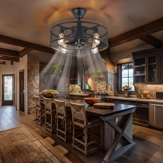 Depuley Caged Ceiling Fan with Light: 20" Black Small Fandelier Ceiling Fan with Remote - Farmhouse Fandelier with Fan Light Fixture for Low Profile Indoor Bedroon Kitchen Living Dining Room